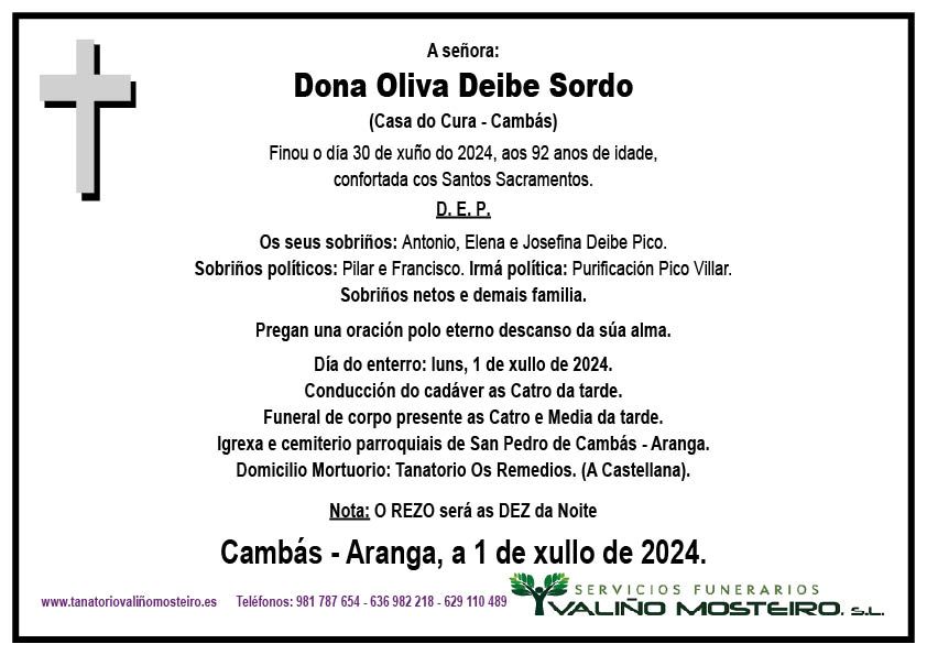 Esquela de Oliva Deibe Sordo.