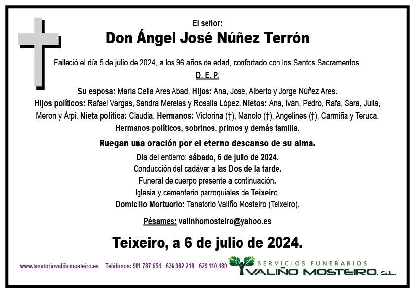 Esquela de Ángel José Núñez Terrón.