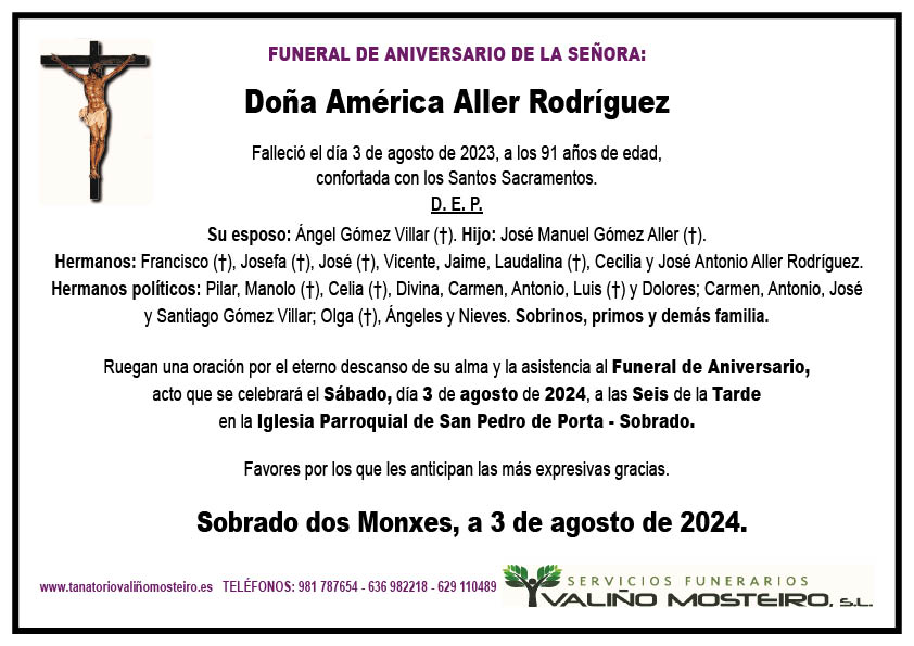 Esquela de América Aller Rodríguez.