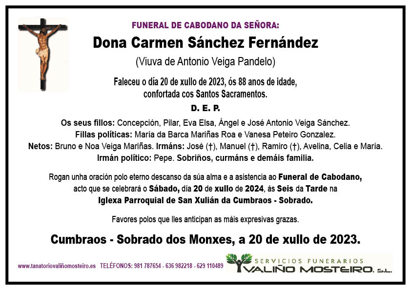 Esquela de Carmen Sánchez Fernández.