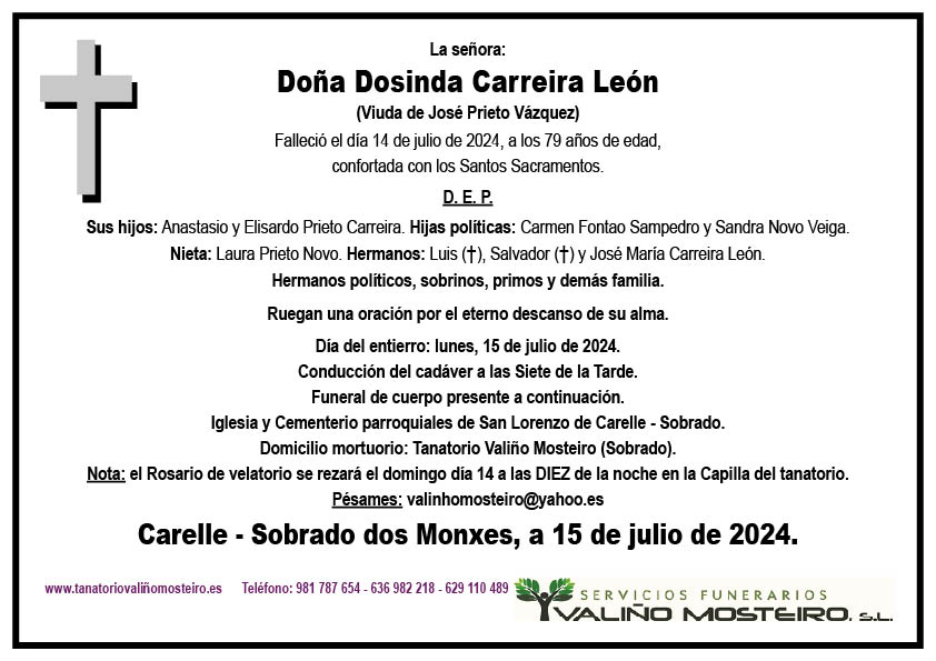 Esquela de Dosinda Carreira León.