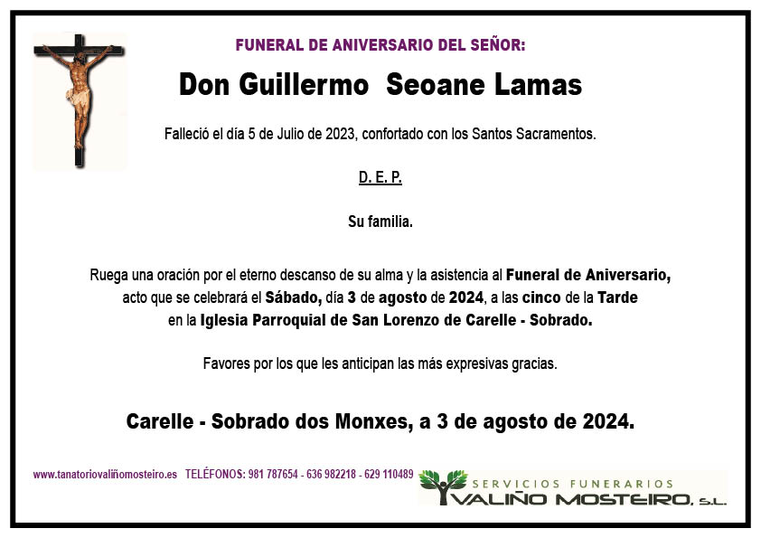 Esquela de Guillermo  Seoane Lamas.