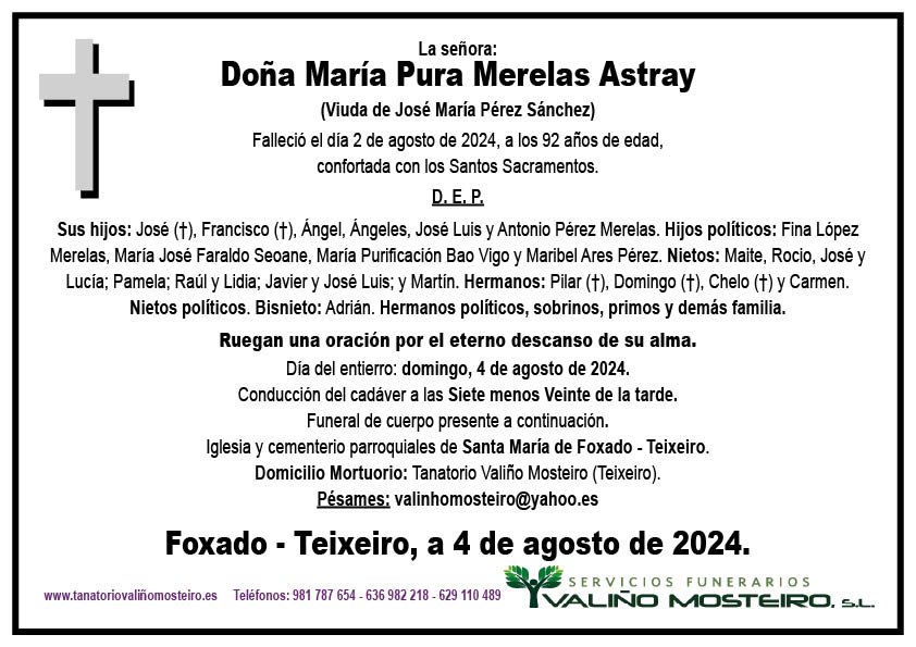 Esquela de María Pura Merelas Astray.