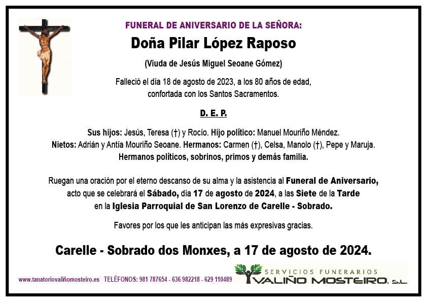 Esquela de Pilar López Raposo.