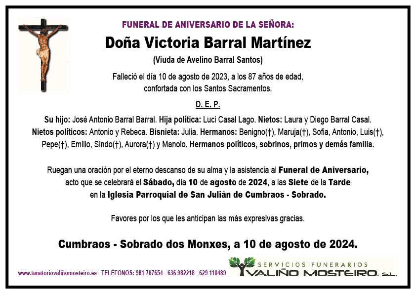 Esquela de Victoria Barral Martínez.