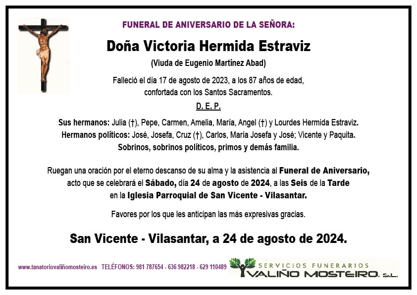 Esquela de Victoria Hermida Estraviz.