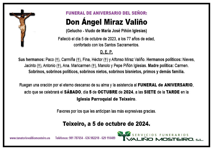 Esquela de Ángel Miraz Valiño.