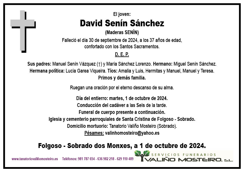 Esquela de David Senín Sánchez.