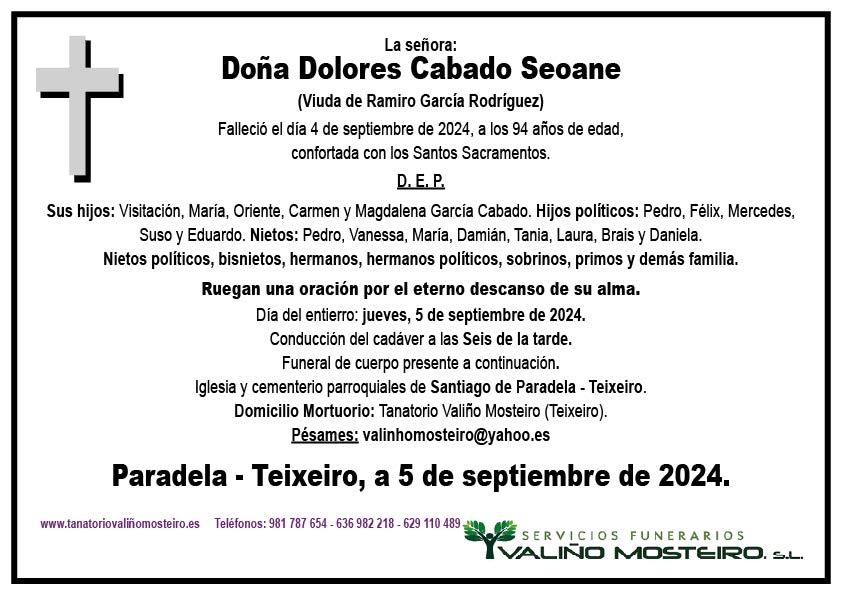 Esquela de Dolores Cabado Seoane.