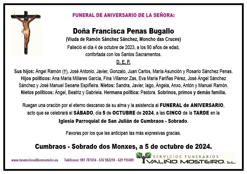 Esquela de Francisca Penas Bugallo