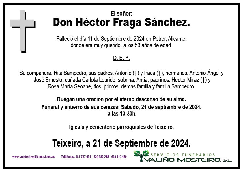 Esquela de Héctor Fraga Sánchez.