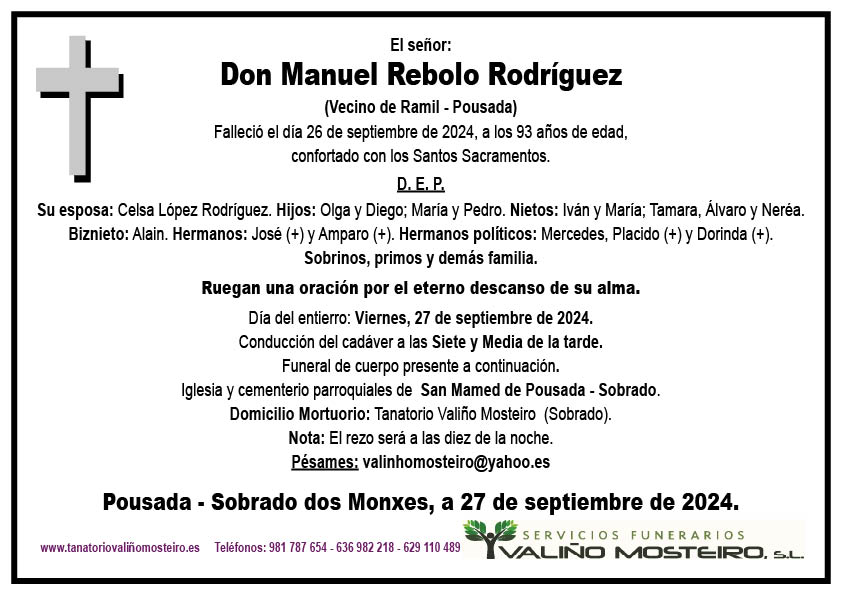 Esquela de Manuel Rebolo Rodríguez.