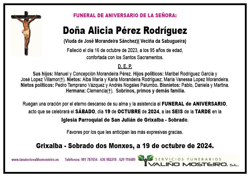 Esquela de Alicia Pérez Rodríguez.