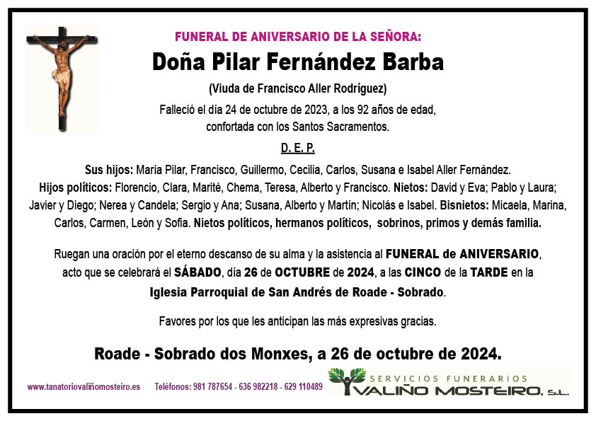 Esquela de Pilar Fernández Barba.