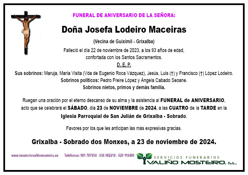 Esquela de Josefa Lodeiro Maceiras.