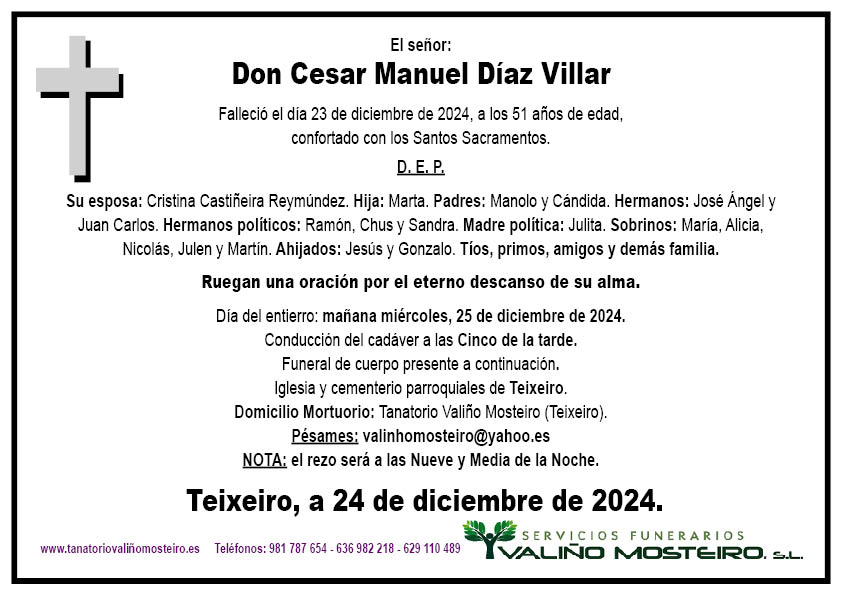 Esquela de Cesar Manuel Díaz Villar.