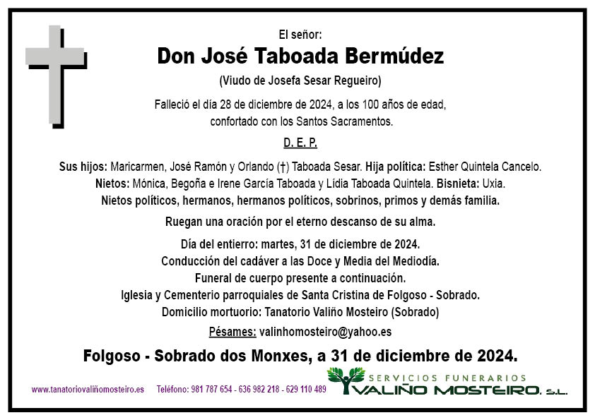 Esquela de José Taboada Bermúdez.