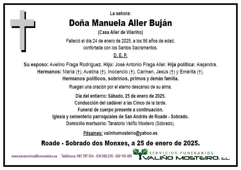 Esquela de Manuela Aller Buján.