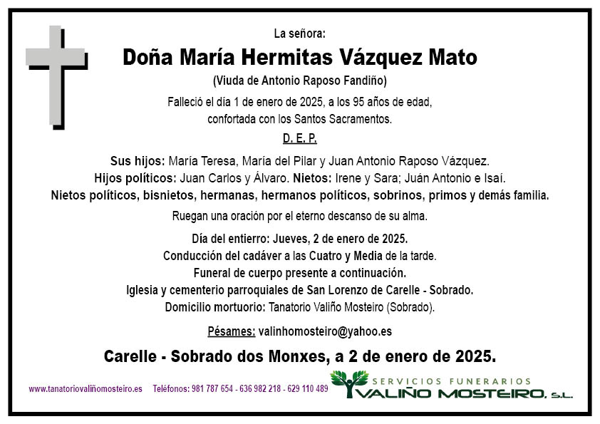 Esquela de María Hermitas Vázquez Mato.