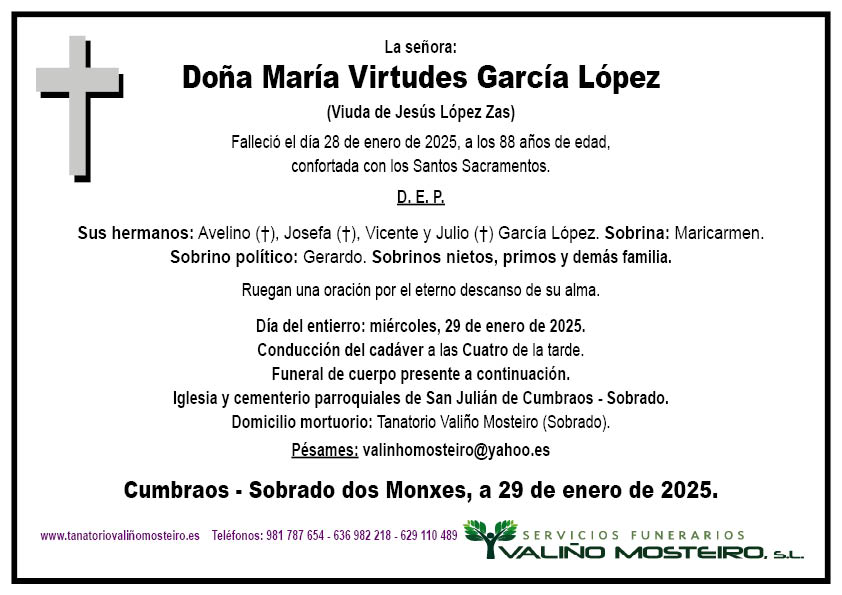 Esquela de María Virtudes García López.