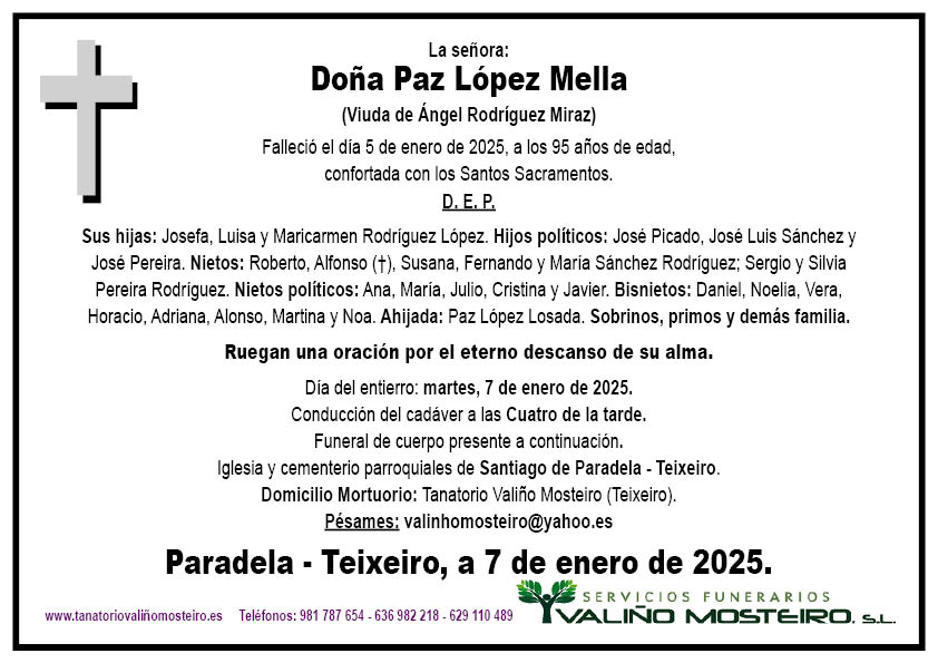 Esquela de Paz López Mella.