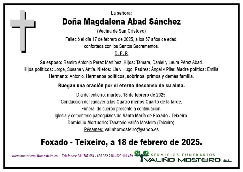 Esquela de Magdalena Abad Sánchez.