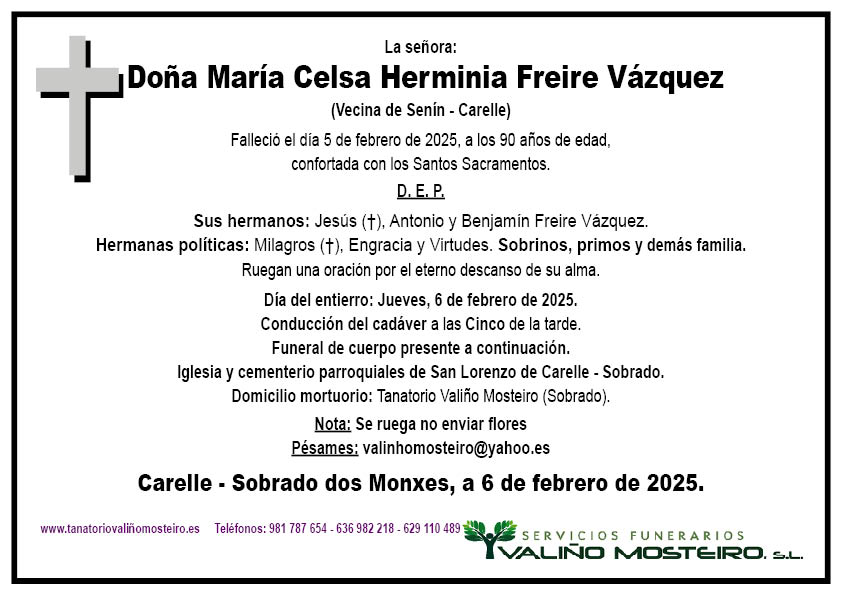 Esquela de María Celsa Herminia Freire Vázquez.