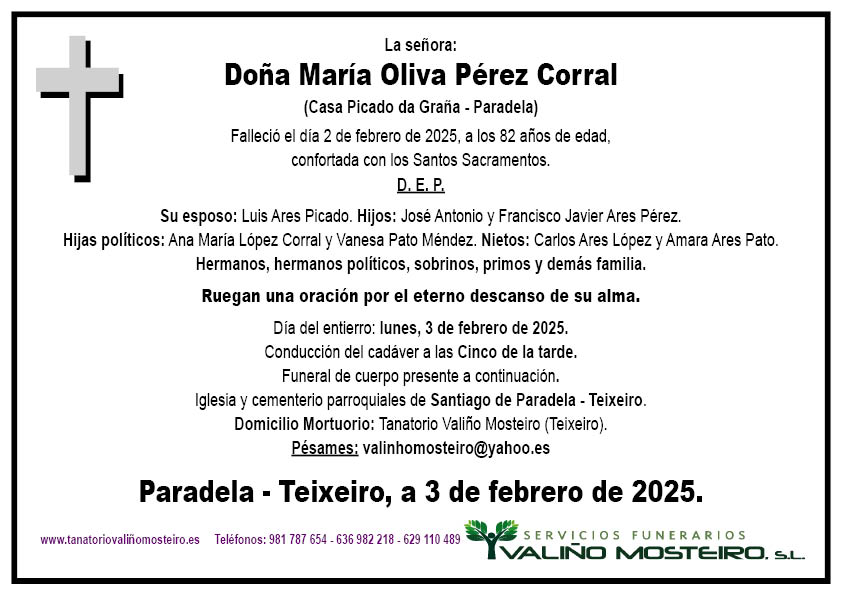 Esquela de María Oliva Pérez Corral.